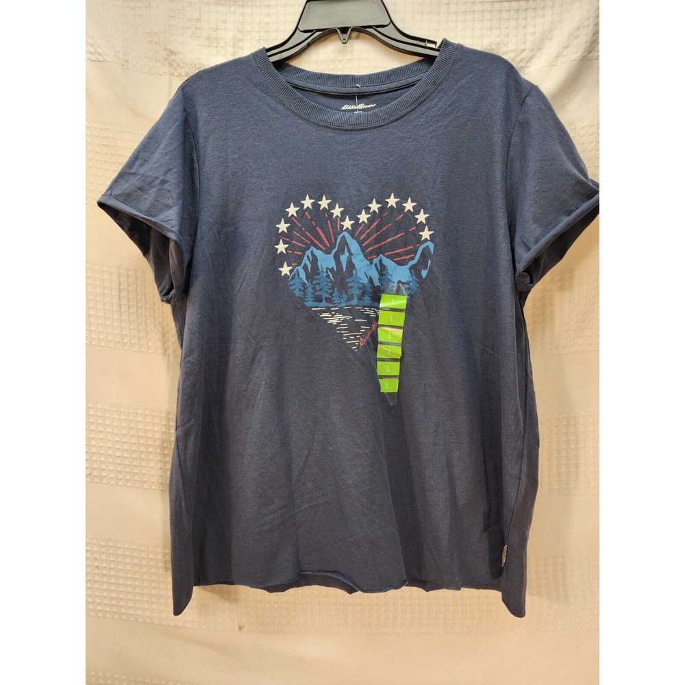 Eddie Bauer Blue Graphic Heart Mountain Stars T-Shirt Women Size M Short Sleeve